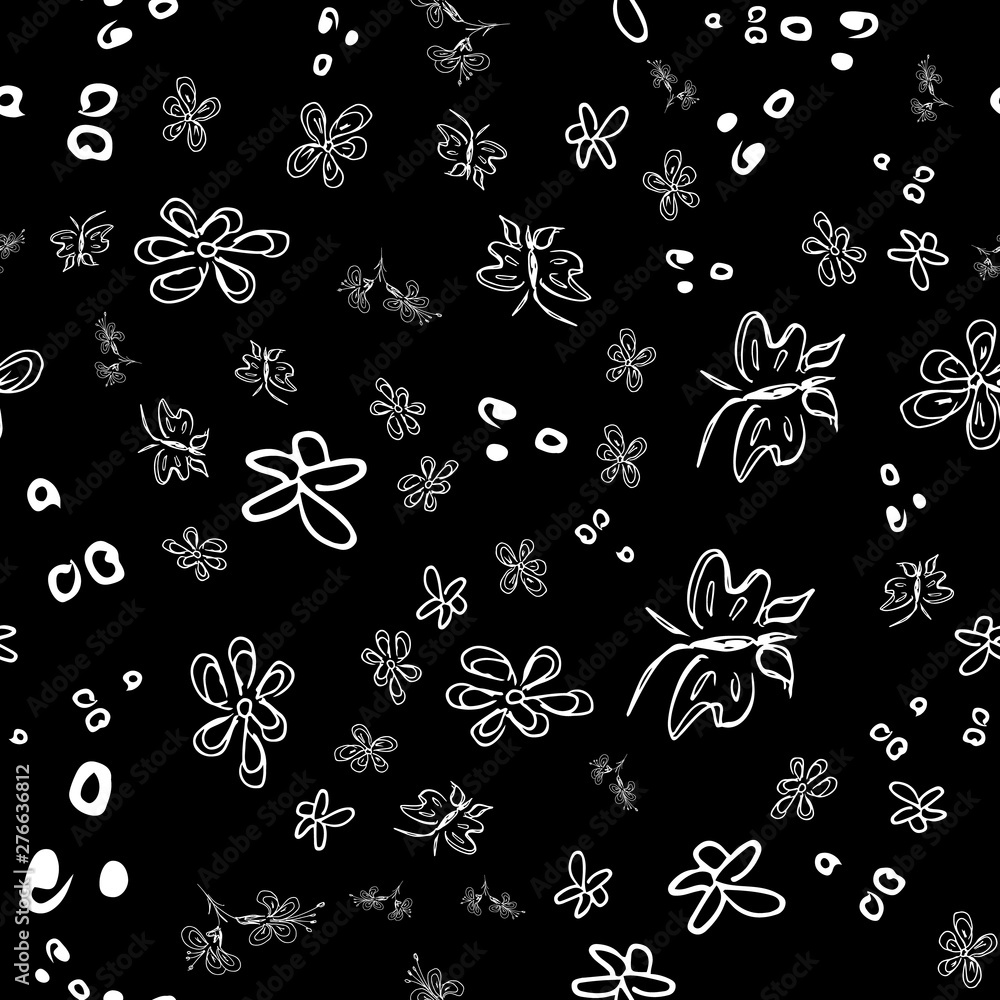 Butterfly seamless outline vector in line art style on black background.  Line art butterfly. Cartoon animals, flowers and dots. Simple design  seamless pattern. Exotic wallpaper. Abstract pattern Stock Vector | Adobe  Stock