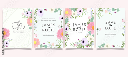 Summer Flower Wedding Invitation set, floral invite thank you, rsvp modern card Design in Pink peony and white  floral with leaf greenery  branches decorative Vector elegant rustic template