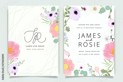 Summer Flower Wedding Invitation set, floral invite thank you, rsvp modern card Design in Pink peony and white  floral with leaf greenery  branches decorative Vector elegant rustic template