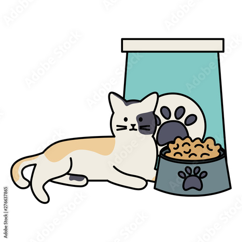cute cat mascot with foodbag and dish