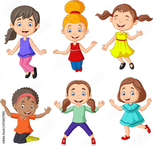 Cartoon happy little girls with different pose