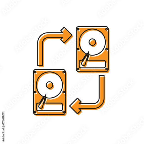 Orange A fixed data storage device hard disk with arrows, data copy icon isolated on white background. Data exchange with hard disk drive. Transfer sign. Vector Illustration