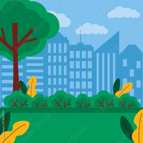city urban park tree meadow bushes background