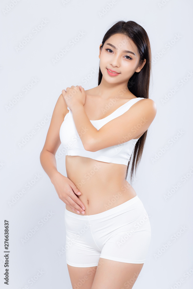 Portrait young asian woman smiling beautiful body diet with fit isolated on white background, model girl weight slim with cellulite or calories, health and wellness concept.