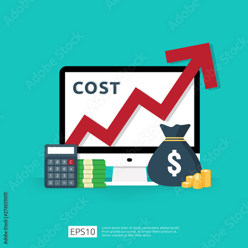 cost fee spending increase with red arrow rising up growth diagram. business cash reduction concept. investment growth progress with calculator, desktop PC, money element in flat design illustration