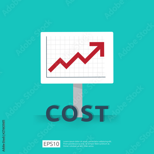 cost fee spending increase with red arrow rising up growth diagram. business cash reduction concept. investment growth progress in flat design vector illustration.