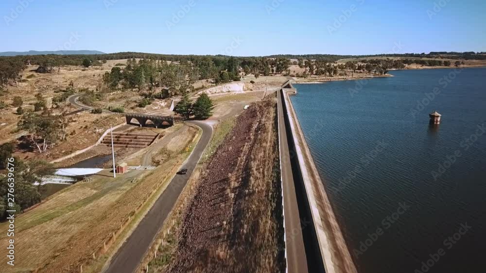 Aerial view of the Upper Coliban Reservoir dam wall, central Victoria, Australia, January 2019. Aerial view of the Upper Coliban Reservoir dam wall, central Victoria, Australia, January 2019.