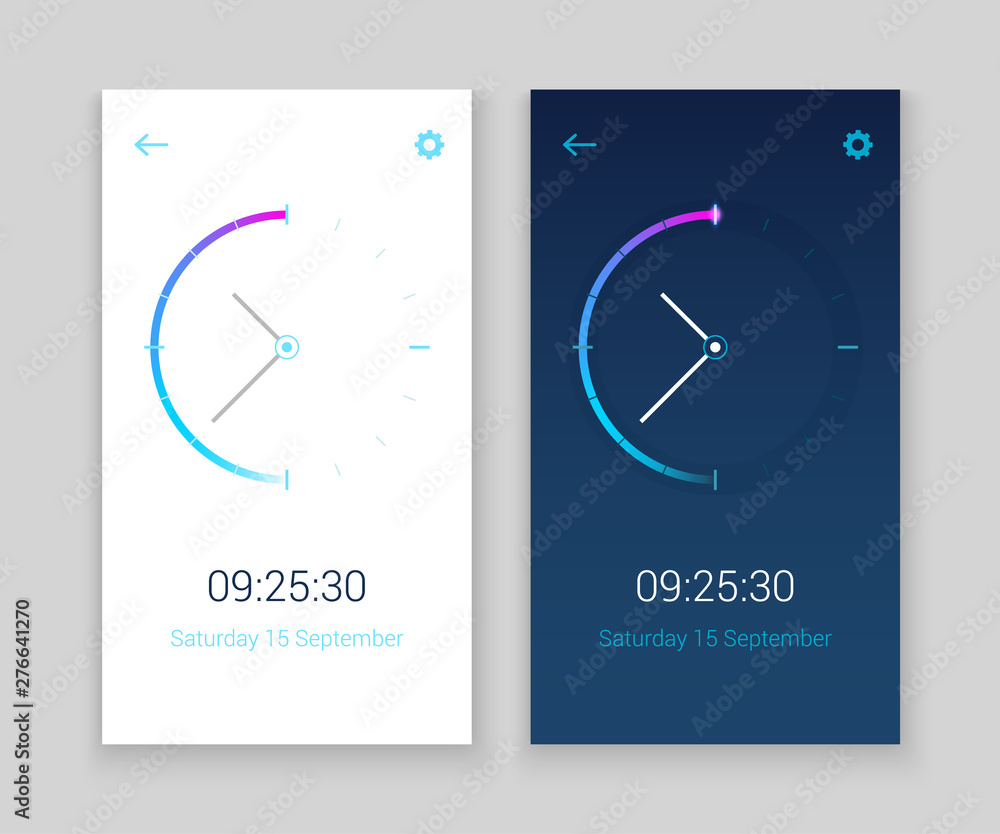 Clock mobile app concept UI design day and night. Clock user interface time vector widget design modern technology