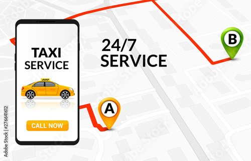 Taxi service app design. Mobile phone order taxi in city map location illustration