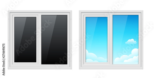 Plastic window frame in house. Vector glass plastic window closedm office inside illustration, blue sky outside