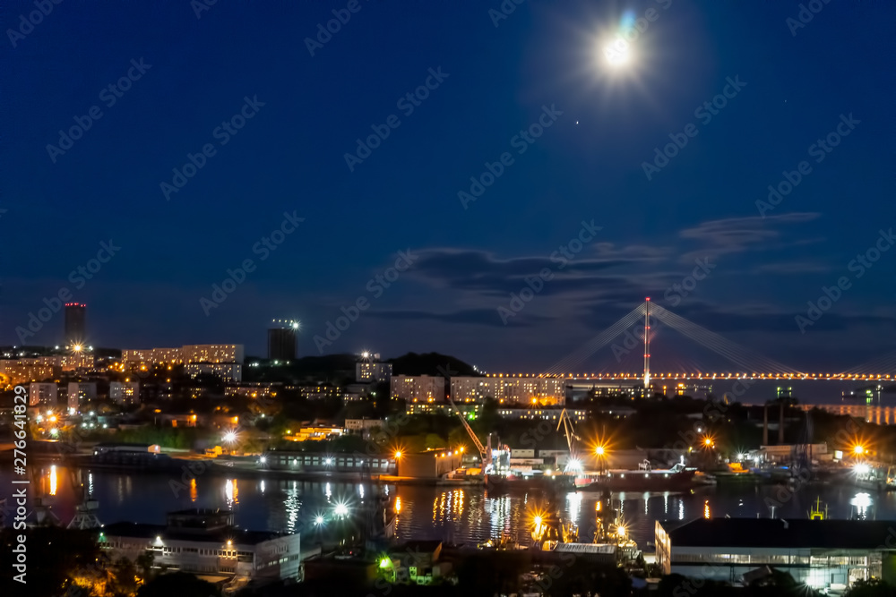 Night Vladivostok. City landscape with views of the Russian bridge.
