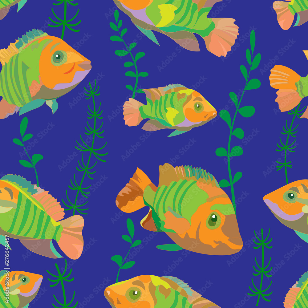 Naklejka premium seamless pattern of bright orange fish and green algae on a dark blue background