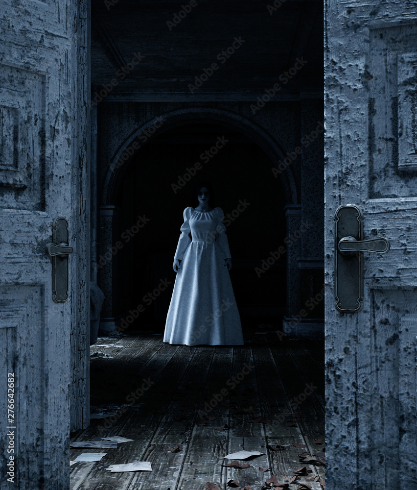 3d illustration of ghost woman in haunted house