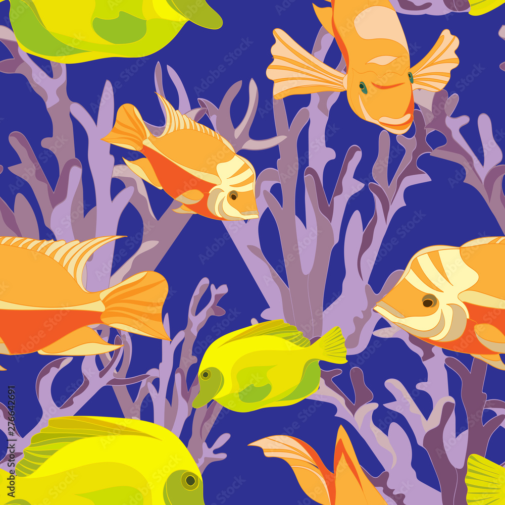 seamless pattern of bright yellow , and orange tropical fish and delicate lilac coral blue background seamless pattern of bright yellow , and orange tropical fish and delicate lilac coral blue background