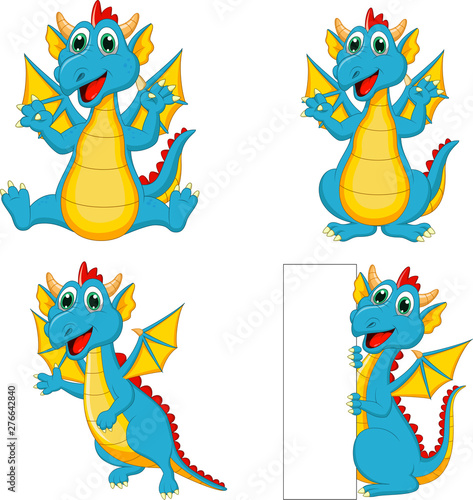 Set of cartoon dragons with blank sign