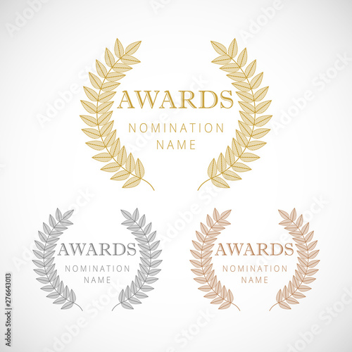Awards logotype set. Isolated abstract graphic design template. Celebrating elegant nomination banner, decorative old tradition collection of #1 #2 #3 place, round shining symbols. Vector illustration