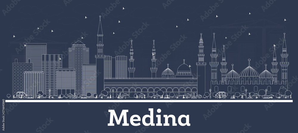 Outline Medina Saudi Arabia City Skyline with White Buildings.