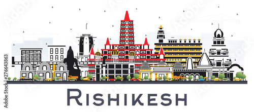 Rishikesh India City Skyline with Color Buildings Isolated on White.