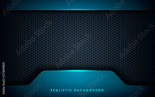 Blue abstract dimension on black hexagon background. Realistic overlap layers texture with blue lights element decoration.