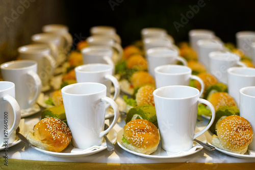 Tela Bakery and beverage on white cup and dish for coffee break time or meal at party, conference, seminar or convention business