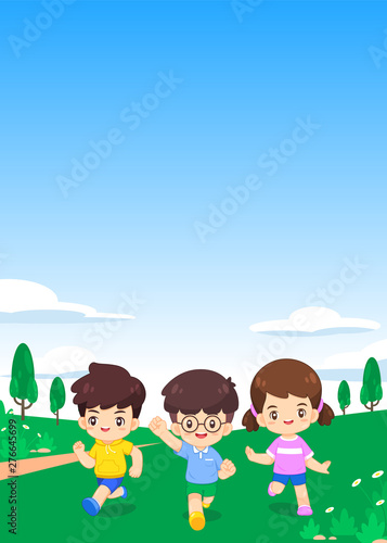 Cute cheerful children run on green meadow