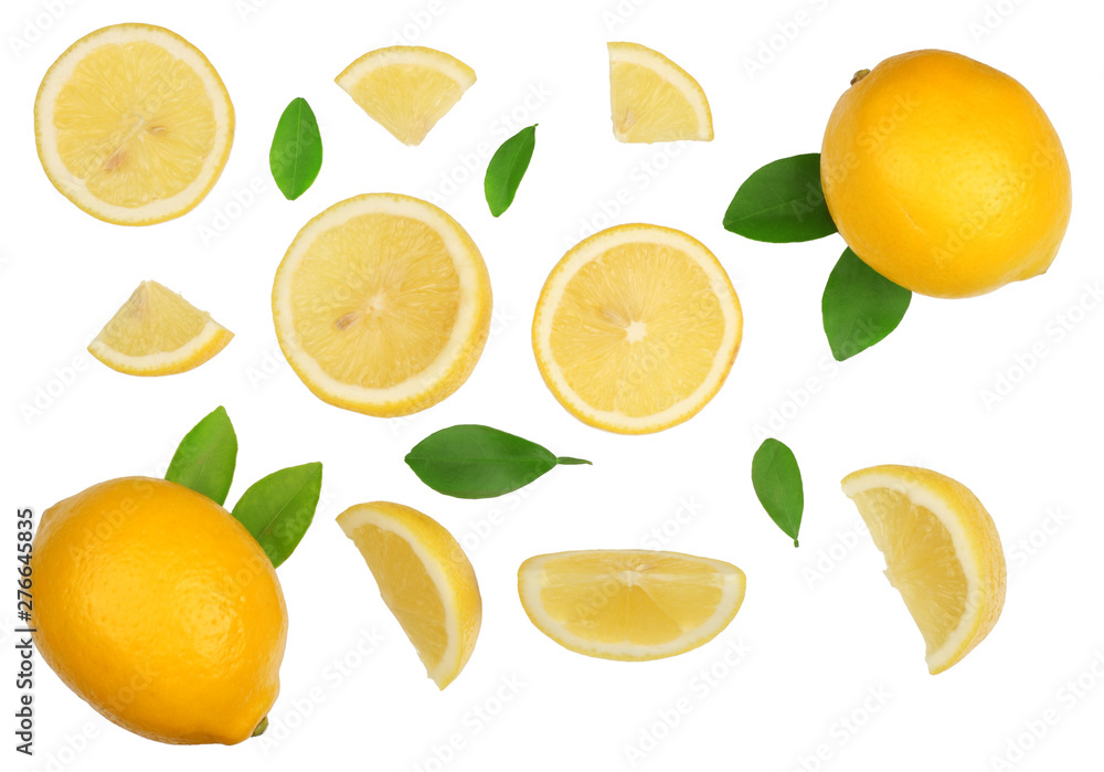 Lemon with leaf and slices isolated on white background. Flat lay , top view Lemon with leaf and slices isolated on white background. Flat lay , top view
