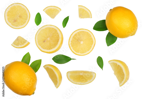 Lemon with leaf and slices isolated on white background. Flat lay , top view