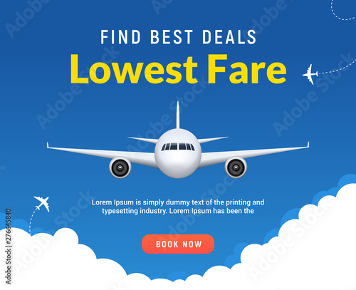 Flight travel trip banner for online booking. Vector Airplane ticket online sale design promo template
