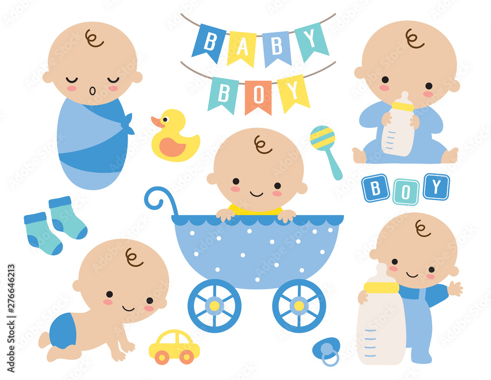 Baby boy vector illustration. Cute baby boy in a stroller and baby items  such as toy, milk bottle, socks, yellow duck, pacifier, sign. Stock Vector  | Adobe Stock