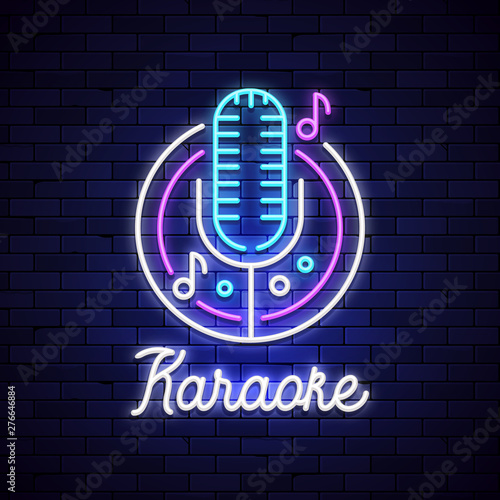 Karaoke neon night bar. Mocrophone karaoke logo sign disco music, neon light retro club sign