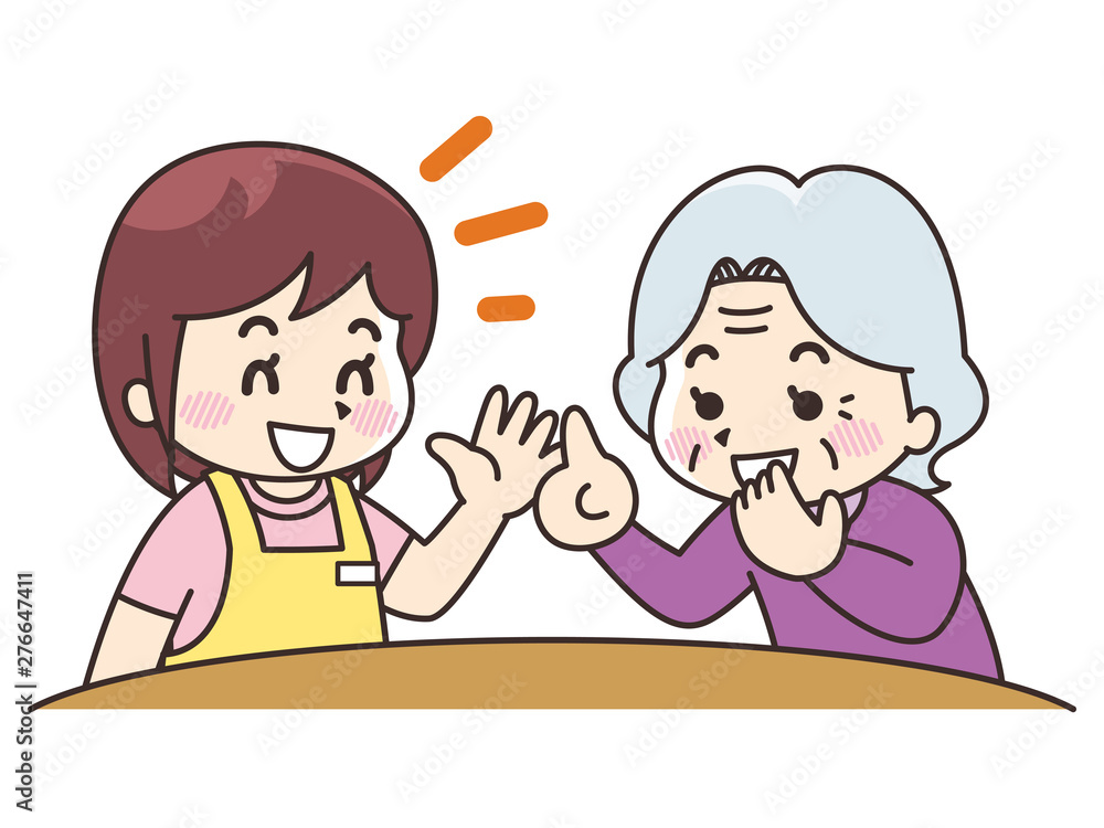 会話をする介護士の女性と高齢女性 会話をする介護士の女性と高齢女性