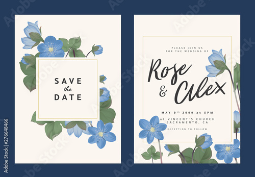 Botanical wedding invitation card template design, blue Hepatica Nobilis flowers with square frame on light orange background, pastel vintage theme