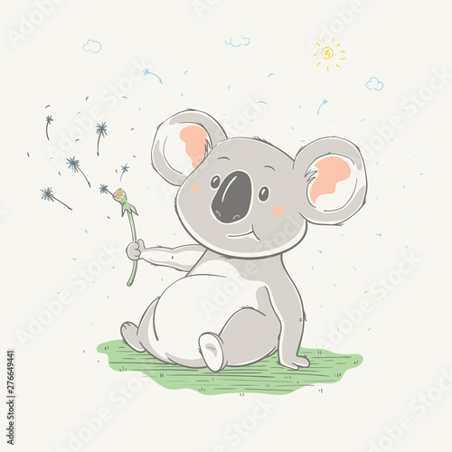 Lovely cute koala sits with the bald dandelion. Koala bear with flower and petals scattered around, hand-drawn.