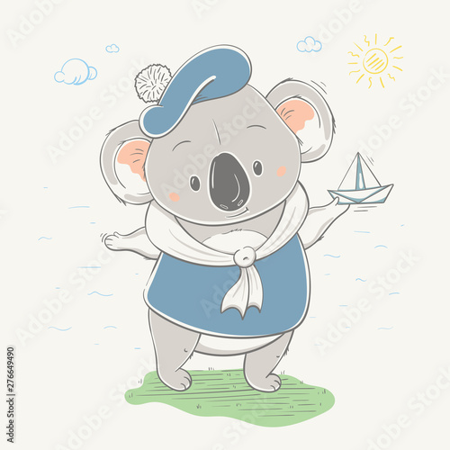 Lovely cute koala in sailor clothes launches paper boat. Koala bear in funny clothes, hand-drawn.
