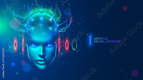 Artificial intelligence concept illustration. Head, face with cybernetic digital brain, neural network link to virtual interface. Futuristic cyberpunk mind. computer, Machine learning cyber system.