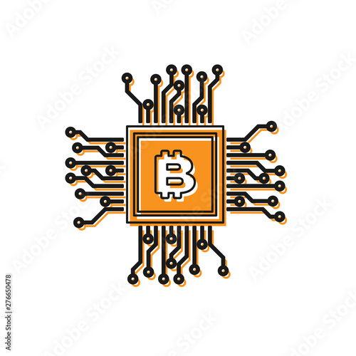 Orange CPU mining farm icon isolated on white background. Bitcoin sign inside processor. Cryptocurrency mining community. Digital money. Vector Illustration