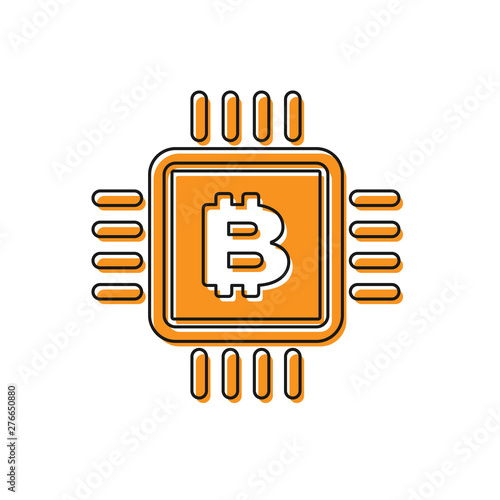 Orange CPU mining farm icon isolated on white background. Bitcoin sign inside microchip. Cryptocurrency mining community. Digital money. Vector Illustration