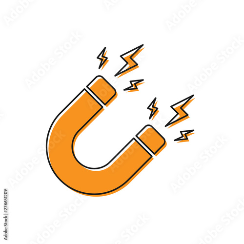 Orange Magnet with lightning icon isolated on white background. Horseshoe magnet, magnetism, magnetize, attraction sign. Vector Illustration