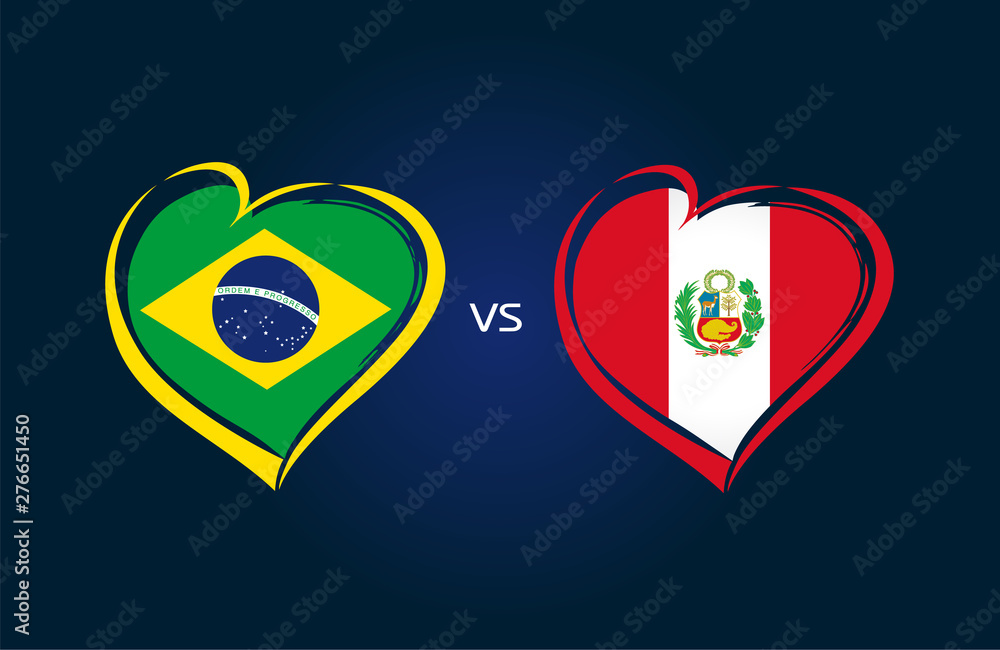 Brazil vs Peru, national team flags on blue background. Brazilian and Peruvian flag in heart shape, logo vector. Football championship cup of South America 2019 Brazil vs Peru, national team flags on blue background. Brazilian and Peruvian flag in heart shape, logo vector. Football championship cup of South America 2019