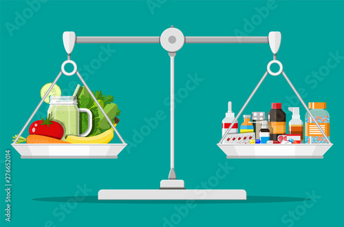 Balance scales with vegetables and drugs. Choice between diet pills and healthy food. Vector illustration in flat style