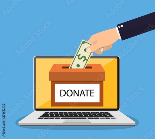 Donate online concept. Hand putting money bill in to the donation box. Vector illustration in flat style