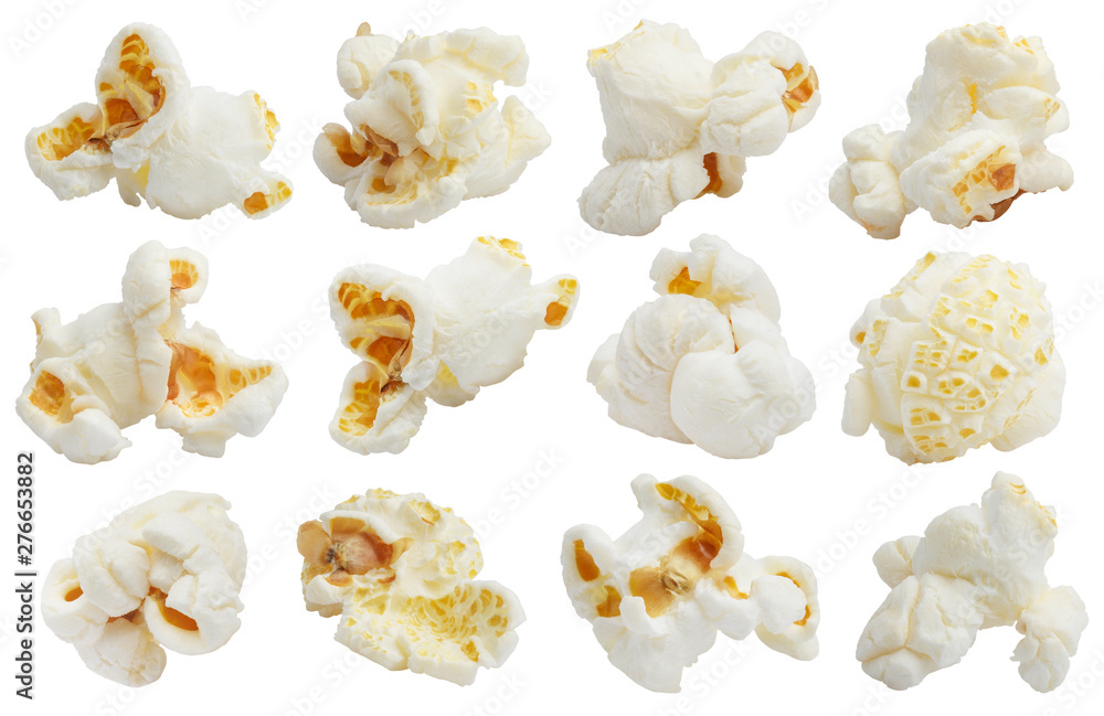 Rich collection of popcorn, isolated on white background - obrazy, fototapety, plakaty 