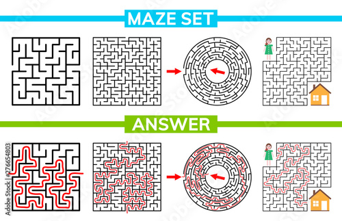 Maze  labyrinth conundrum for kids. Maze set  collection labyrinth. Children puzzle game. Vector stock illustration