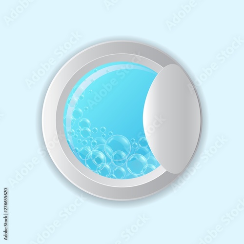 Vector realistic washing-machine door with soup bubbles on blue background. Laundry template. 3D illustration.