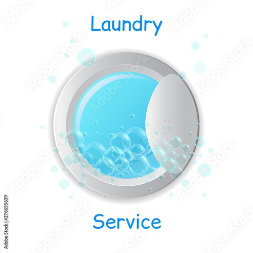 Vector realistic washing-machine door with soup bubbles isolated on white background. Laundry template. 3D illustration.