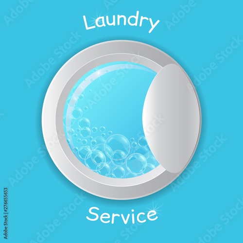 Vector realistic washing-machine door with soup bubbles isolated on blue background. Laundry template. 3D illustration.