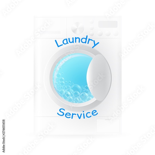 Vector realistic washing-machine with soup bubbles isolated on white background. Laundry template. 3D illustration.