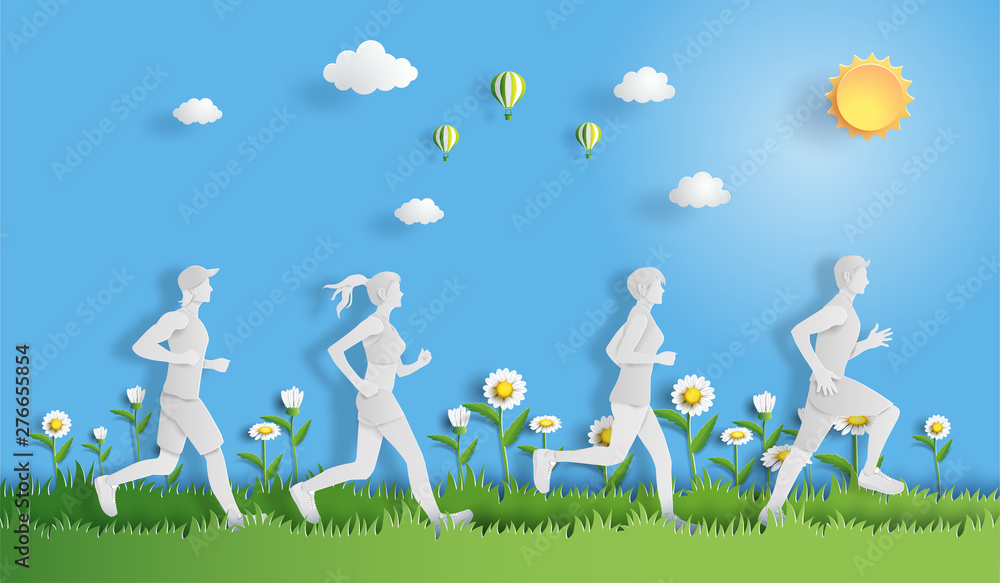 Paper art style of landscape with people running, sport and activity concept, flat-style vector illustration. - obrazy, fototapety, plakaty 