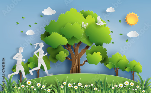 Paper art style of landscape with people running, sport and activity concept, flat-style vector illustration.