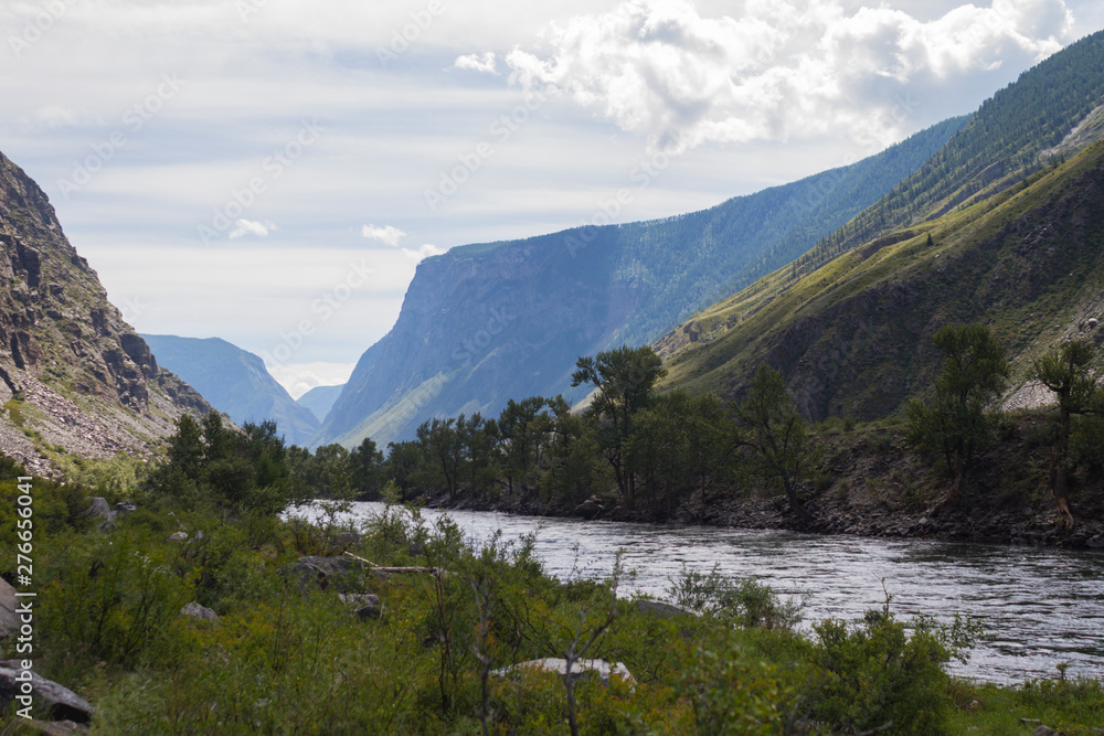 Chulyshman River in mountains valley. Picturesque landscape of Altai Mountains. Summer time.